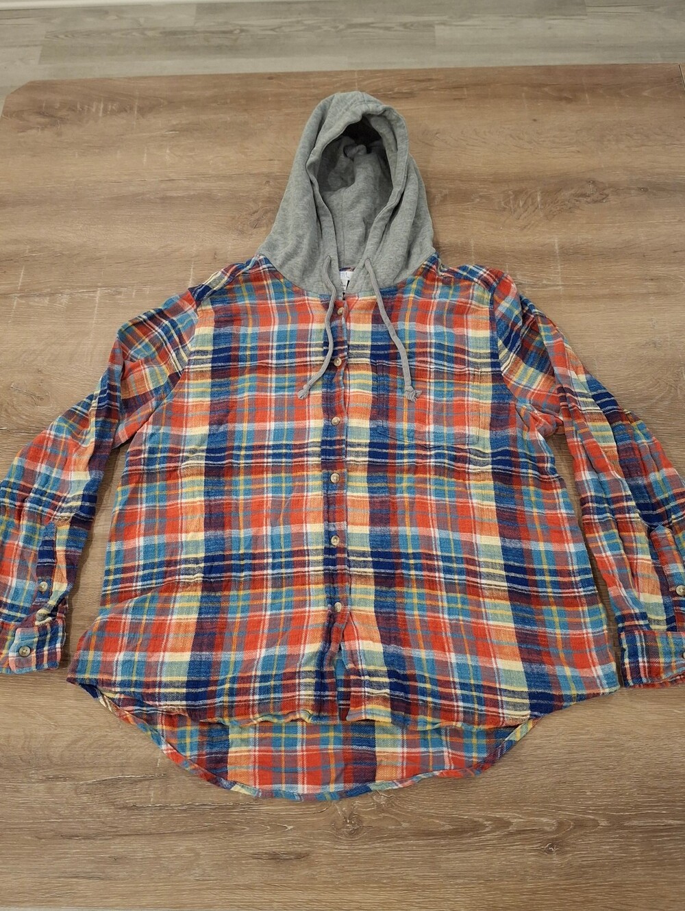 Time and Tru Women's Hooded Plaid Flannel Shirt L 12-14